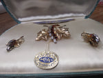 Vtg CA Carl Art Brooch & Earring Set 1/20 Gold Filled Red Clear Stones Orig Box!