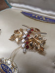 Vtg CA Carl Art Brooch & Earring Set 1/20 Gold Filled Red Clear Stones Orig Box!