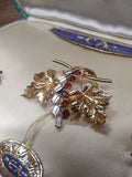 Vtg CA Carl Art Brooch & Earring Set 1/20 Gold Filled Red Clear Stones Orig Box!