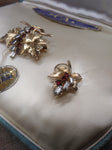 Vtg CA Carl Art Brooch & Earring Set 1/20 Gold Filled Red Clear Stones Orig Box!
