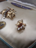 Vtg CA Carl Art Brooch & Earring Set 1/20 Gold Filled Red Clear Stones Orig Box!