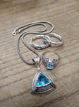 3 Pc 925 Jewelry Lot Aquamarine Topaz? 15" Pendant Necklace Sz 10 Ring Earrings!