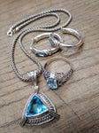 3 Pc 925 Jewelry Lot Aquamarine Topaz? 15" Pendant Necklace Sz 10 Ring Earrings!