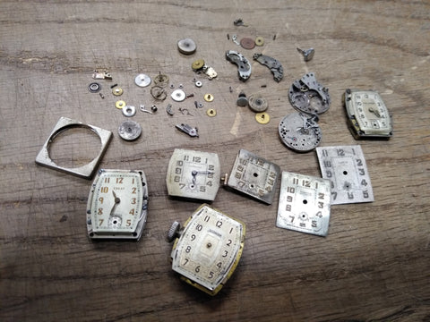 Vtg 50+ Pc Watch Parts Repair Lot Eskay Benrus Ingraham Sir Leeds Loco Warwick