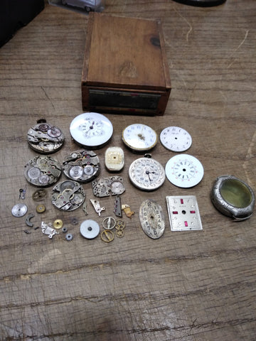 Vtg 35+ Pc Watch Parts Repair Lot Elgin Bulova Trinity Riviera Dials Movements