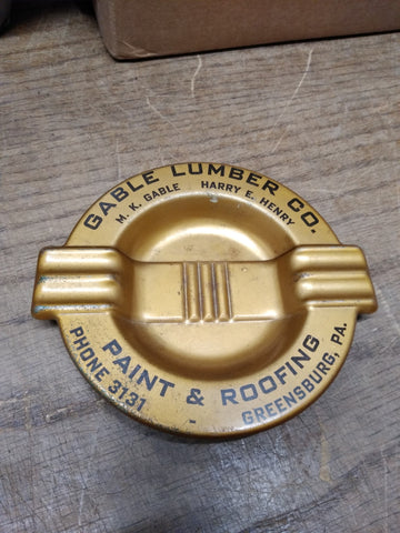 Vtg Gable Lumber Company Metal Ashtray Paint and Roofing Ph# 3131 Greensburg Pa