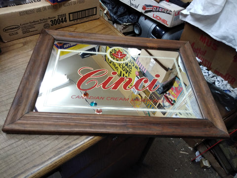 Vtg Cinci Beer Wood Framed Mirror Canadian Cream Lager Beer 21.5" x 15.5" Nice!