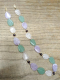 Vtg Hand Carved Leaves Green and Lavender Jade White Quartz 17" Necklace 14K GF