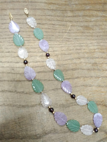 Vtg Hand Carved Leaves Green and Lavender Jade White Quartz 17" Necklace 14K GF