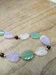Vtg Hand Carved Leaves Green and Lavender Jade White Quartz 17" Necklace 14K GF