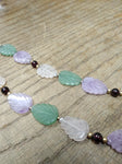 Vtg Hand Carved Leaves Green and Lavender Jade White Quartz 17" Necklace 14K GF