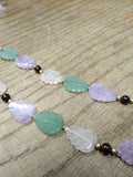 Vtg Hand Carved Leaves Green and Lavender Jade White Quartz 17" Necklace 14K GF