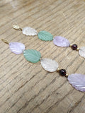 Vtg Hand Carved Leaves Green and Lavender Jade White Quartz 17" Necklace 14K GF