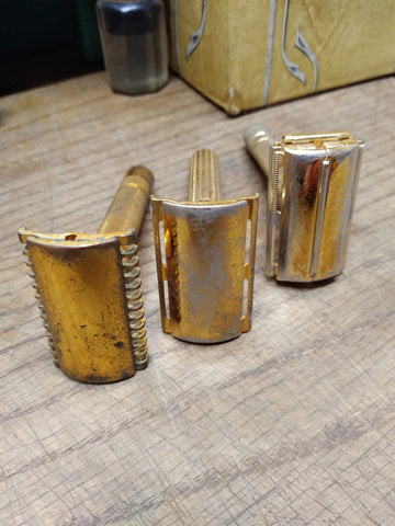 Vtg 3 Pc. Gillette Safety Razor lot Gold Milford TTO Tech DE Open Comb 3 Piece