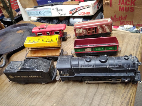 Vtg Marx O Gauge Train Set NYC 999 Locomotive Tender Side Dumping Car Cattle Car
