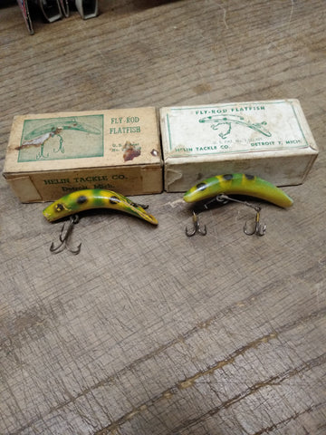 Vtg 2 Pc Lot Helin Tackle Fly Rod Flatfish Painted Wooden Lures Original Boxes!