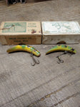 Vtg 2 Pc Lot Helin Tackle Fly Rod Flatfish Painted Wooden Lures Original Boxes!