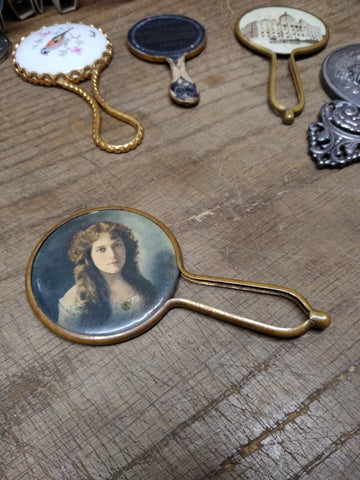 Vtg Antique Victorian Young Woman's Portrait Miniature Vanity Purse Mirror Nice!