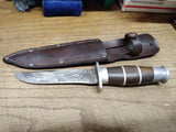 Vtg Unbranded Hunting Fixed Blade Knife Wood Handle 9.5 Inches Leather Sheath!