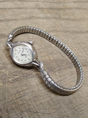 Vtg Hamilton 17 Jewel Ladies Wind Up Working Watch 10K RGP Stretch Band Swiss!