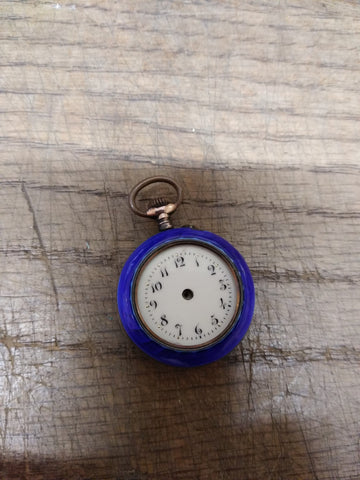 Vtg Argent Dore Ladies Swiss Pocket Watch 800 Silver Porcelain Dial Blue Enamel