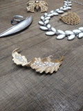 Vtg Designer Signed Crown Trifari Crystal Faux Pearl Gold Tone Leaf Brooch 2.5"