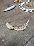 Vtg Designer Signed Crown Trifari Crystal Faux Pearl Gold Tone Leaf Brooch 2.5"
