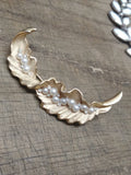 Vtg Designer Signed Crown Trifari Crystal Faux Pearl Gold Tone Leaf Brooch 2.5"