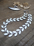 Vtg Designer Signed Crown Trifari Milk Glass Silver Tone Necklace 14" Beautiful!
