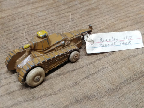 Vtg Barclay 1937 Slush Mold Metal Renault Military Tank White Rubber Tires Nice!