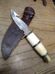 Vtg The Bone Edge Fixed Blade Knife Hand Made S Steel Bone Handle Leather Sheath