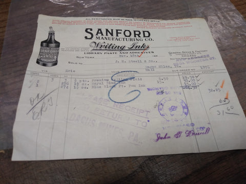 Vtg 1926 Antique Receipt Bill Sanford Mfg Co Chicago for Writing Ink and Fluid