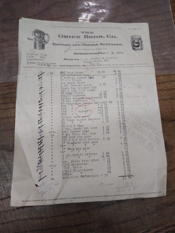 Vtg 1923 Antique Bill Receipt Grier Bros Co Tinware Miners Supplies Pittsburgh