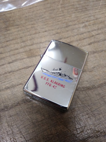 Vtg 1984 Zippo Cigarette Lighter USS KLAKRING FFG 42 Polished Chrome Nice Shape!