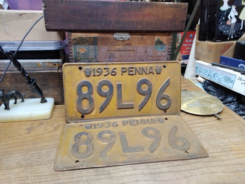 Vtg Matching Set Pennsylvania 1936 License Plate Tag 89L96 Man Cave Hot Rat Rod