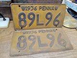 Vtg Matching Set Pennsylvania 1936 License Plate Tag 89L96 Man Cave Hot Rat Rod