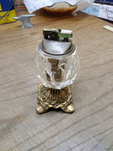 Vtg Gold Tone Metal and Faceted Glass Table Top Cigarette Lighter 5.5" x 2.5"