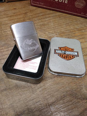 Vtg 2000 Unfired Zippo Harley Davidson Motorcycle Globe Cigarette Lighter in Box