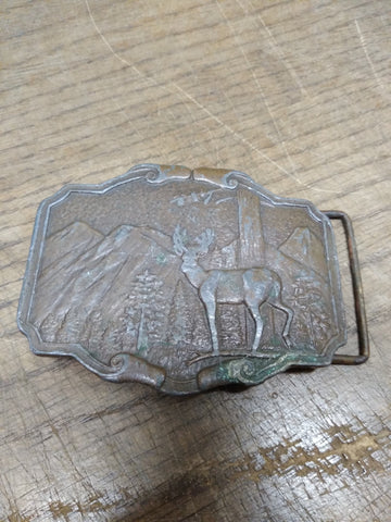 Vtg Men's Brass Elk Scenic Mountains Hunting Belt Buckle