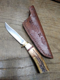 Vtg Fixed Blade Hunting Knife 3.50" Stag Handle 3.50" Blade Leather Sheath Nice!