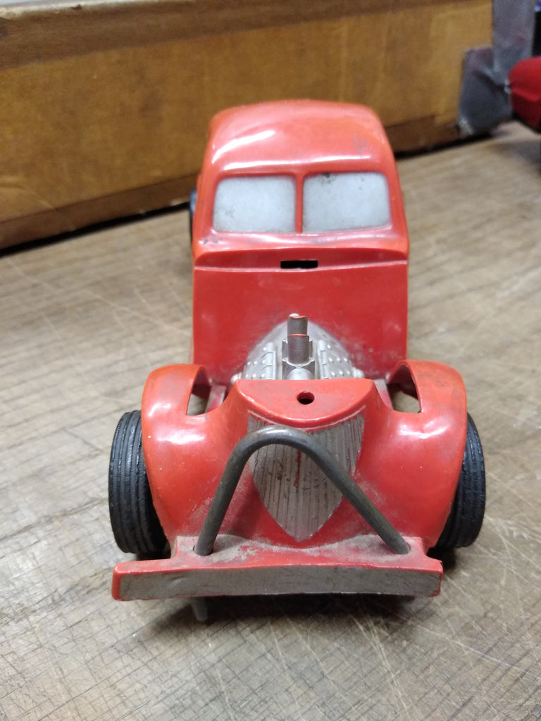 Vtg Saunders Plastic Friction Toy #5 Red Roadster Race Car Hot Rod