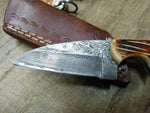 Vtg Damascus Steel Fixed Blade Hunting Knife Bone Handle Sheath in Good Shape!