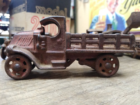 Vtg Cast Iron C Cab Stake Bed Red Truck Toy AC Williams? 5" Artillery Wheels!