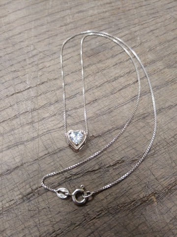 Vtg 925 Sterling and Clear Stone CZ? Heart Necklace 17 Inch Very Nice!