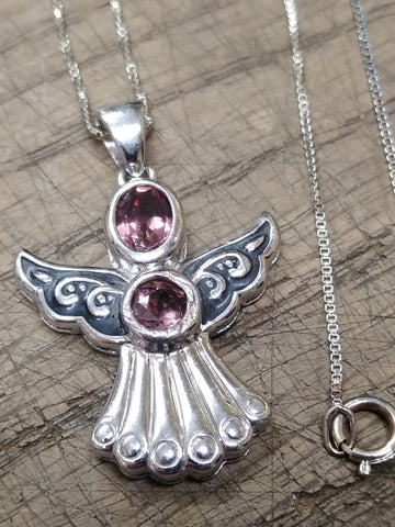 Vtg 925 Sterling and Amethyst? Angel Pendant Necklace 17 Inch Very Nice!