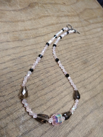 Vtg 925 Sterling w/Pink Black Faceted Glass Smokey Quartz? 16" Toggle Necklace