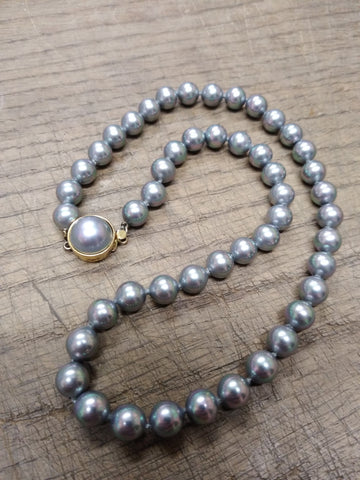 Vtg Hand Tied Tahitian Peacock Faux Pearl 16" Necklace Fancy Gold Over 925 Clasp