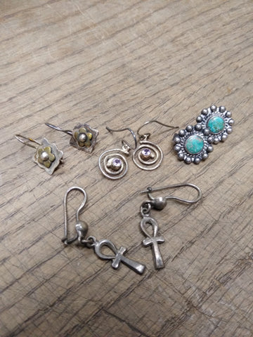 Vtg 925 Sterling Silver Earring Lot w/Modernist Southwest Amethyst? Turquois?