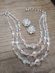 Vtg Faceted Glass Multi Strand 16+ Inch Necklace and Clip On Earring Set w/Box