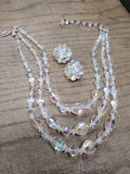 Vtg Faceted Glass Multi Strand 16+ Inch Necklace and Clip On Earring Set w/Box